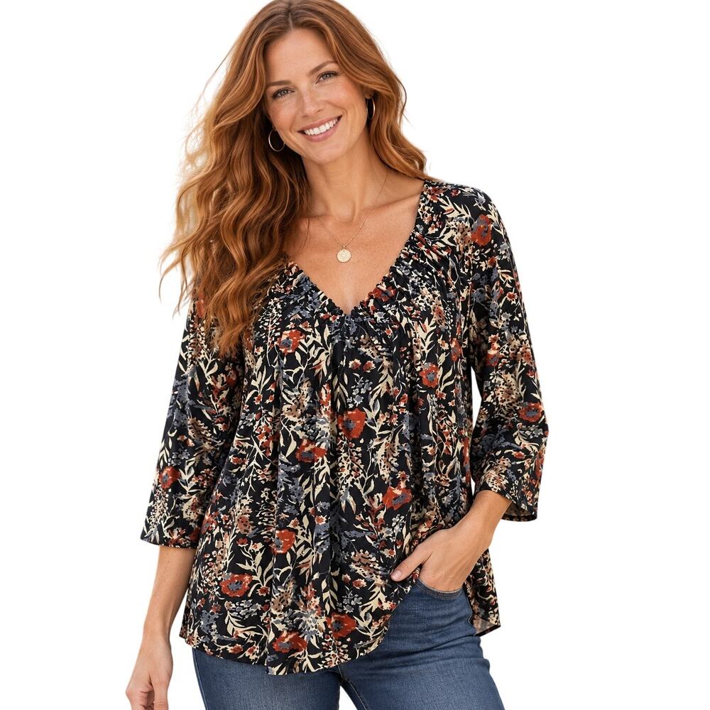 Lucky Brand V-Neck Womens Size 1X Navy Dark Floral Pleated Knit Cotton Modal
